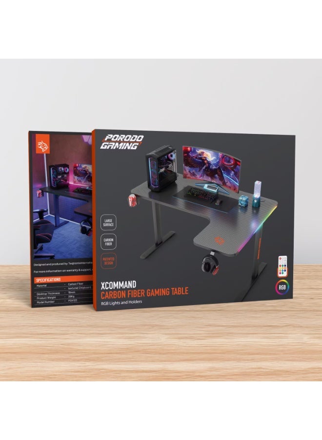 بورودو طاولة ألعاب Porodo Gaming Xcommand مصنوعة من ألياف الكربون، مزودة بحامل سماعات، سطح كبير، مقاومة للحرارة والماء، جهاز تحكم عن بعد، تصميم حاصل على براءة اختراع، لوح مضغوط محكم، حامل أكواب، لوحة إضاءة RGB - أسود - Image 5