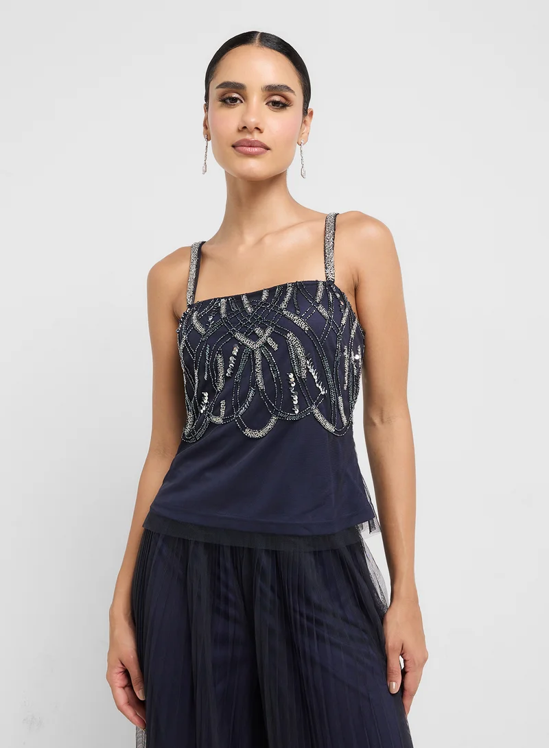 Amelia Rose Cape Sleeve Mesh Detailed Tiered Dress