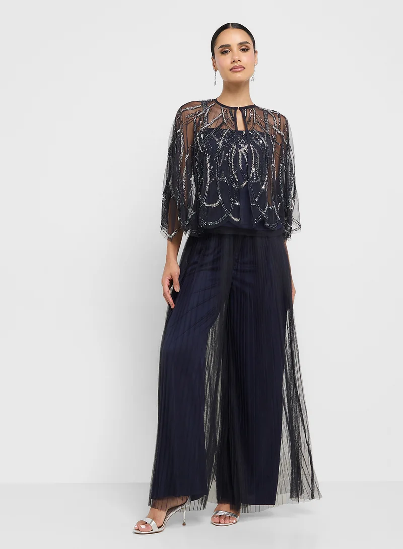 Amelia Rose Cape Sleeve Mesh Detailed Tiered Dress