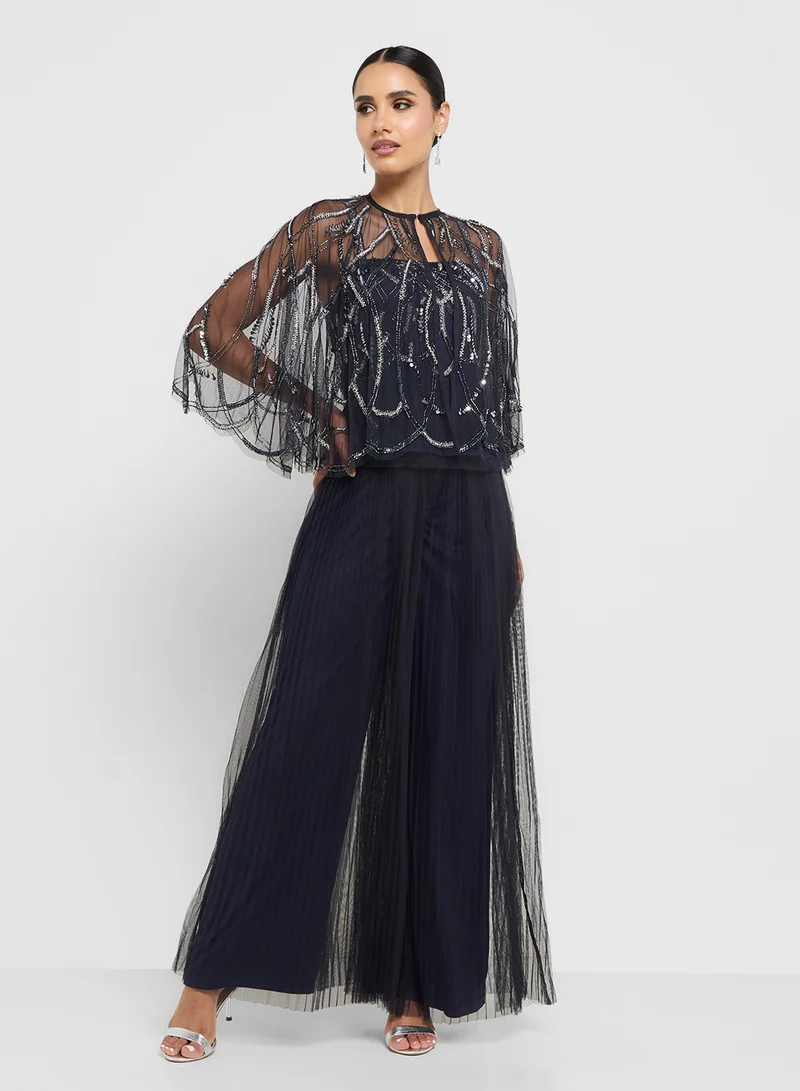 Amelia Rose Cape Sleeve Mesh Detailed Tiered Dress