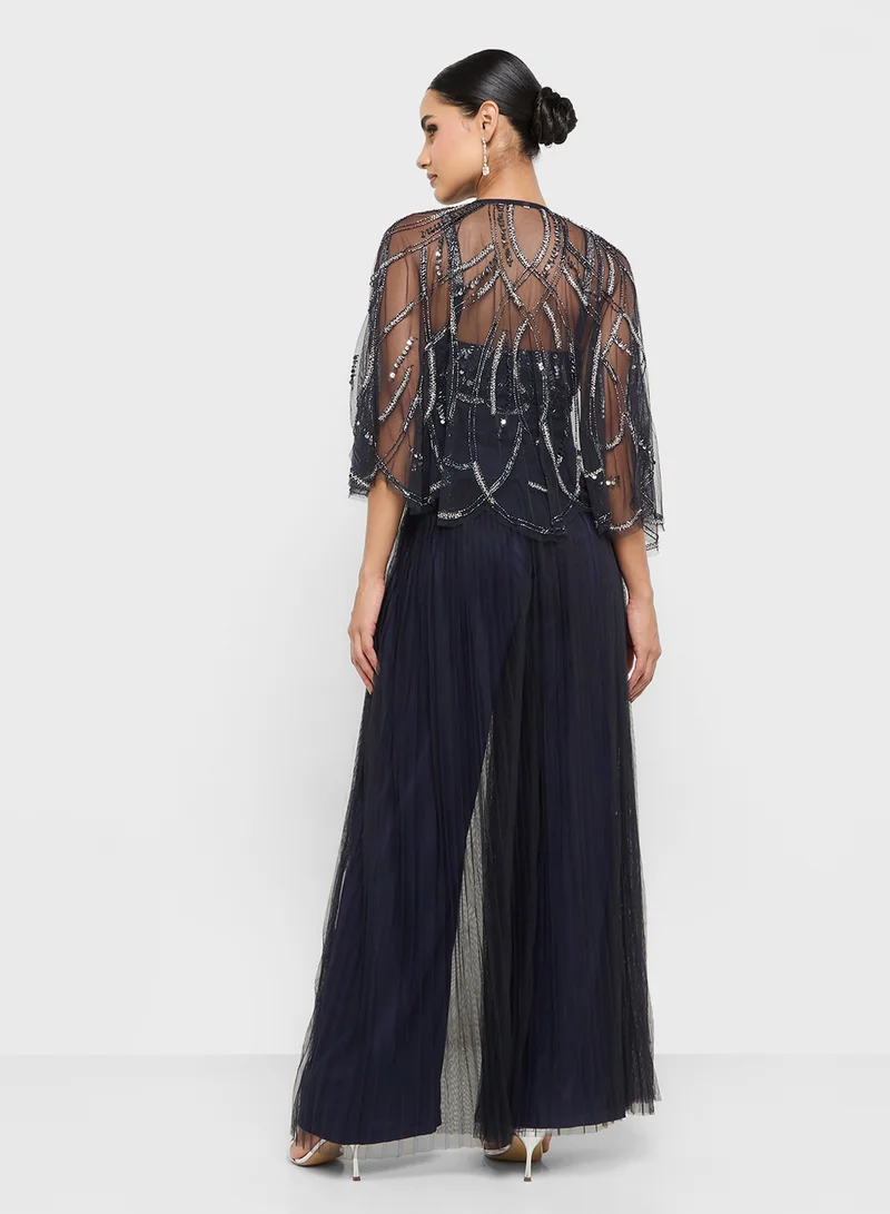 Amelia Rose Cape Sleeve Mesh Detailed Tiered Dress