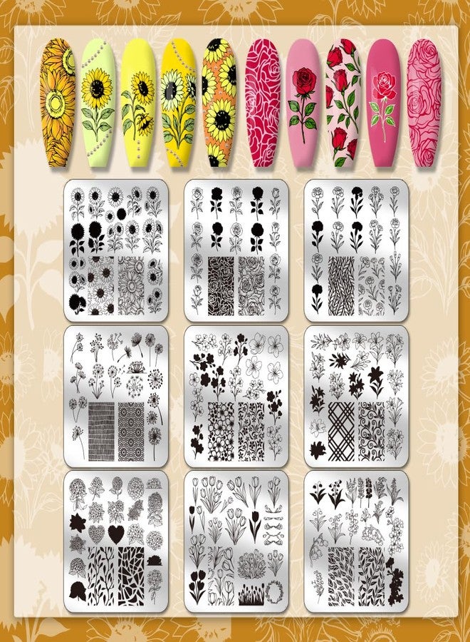 PH PandaHall 9pcs Floral Theme Nail Stamping Plates Sunflowers Nail Art Designs Rose Tulip Manicure Art Stencil Bouquet Nails Design Template with Stamper and Scraper for Manicures Salon Printing - Image 3
