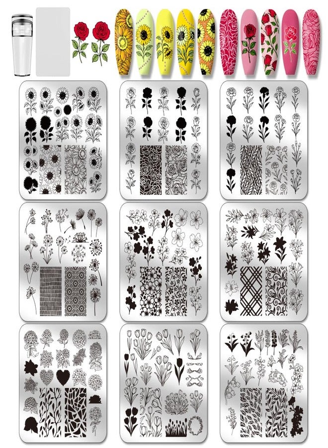 PH PandaHall 9pcs Floral Theme Nail Stamping Plates Sunflowers Nail Art Designs Rose Tulip Manicure Art Stencil Bouquet Nails Design Template with Stamper and Scraper for Manicures Salon Printing - Image 1