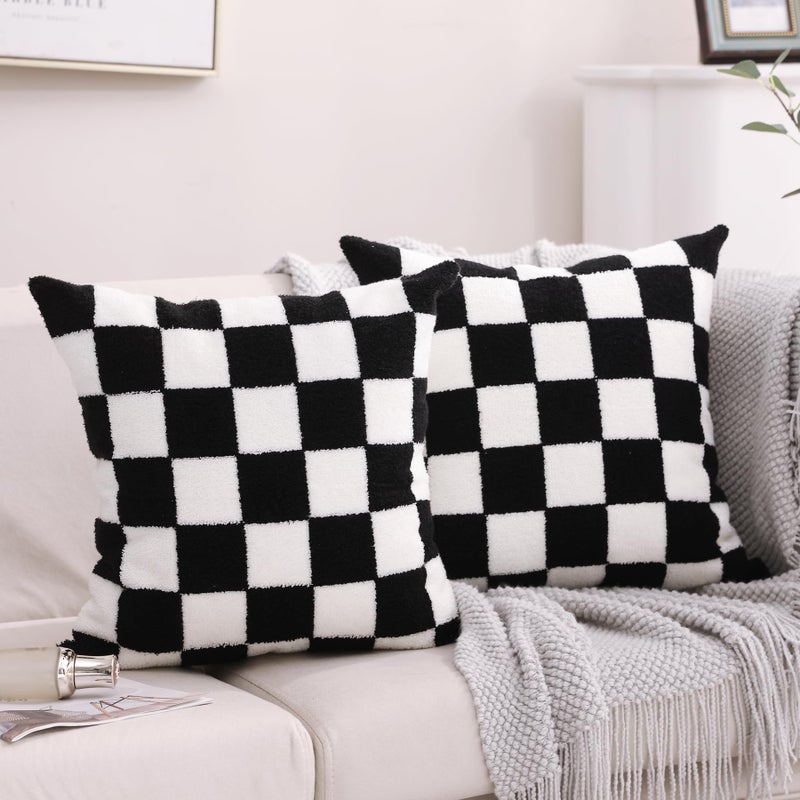 Alysheer Checkered Embroidered Decorative Throw Pillow Covers 18x 18 Set of 2 Farmhouse Cottage Black White Plaid Tufted Patterned Cotton Canvas Cushion Case for Sofa Couch Bed Living Room