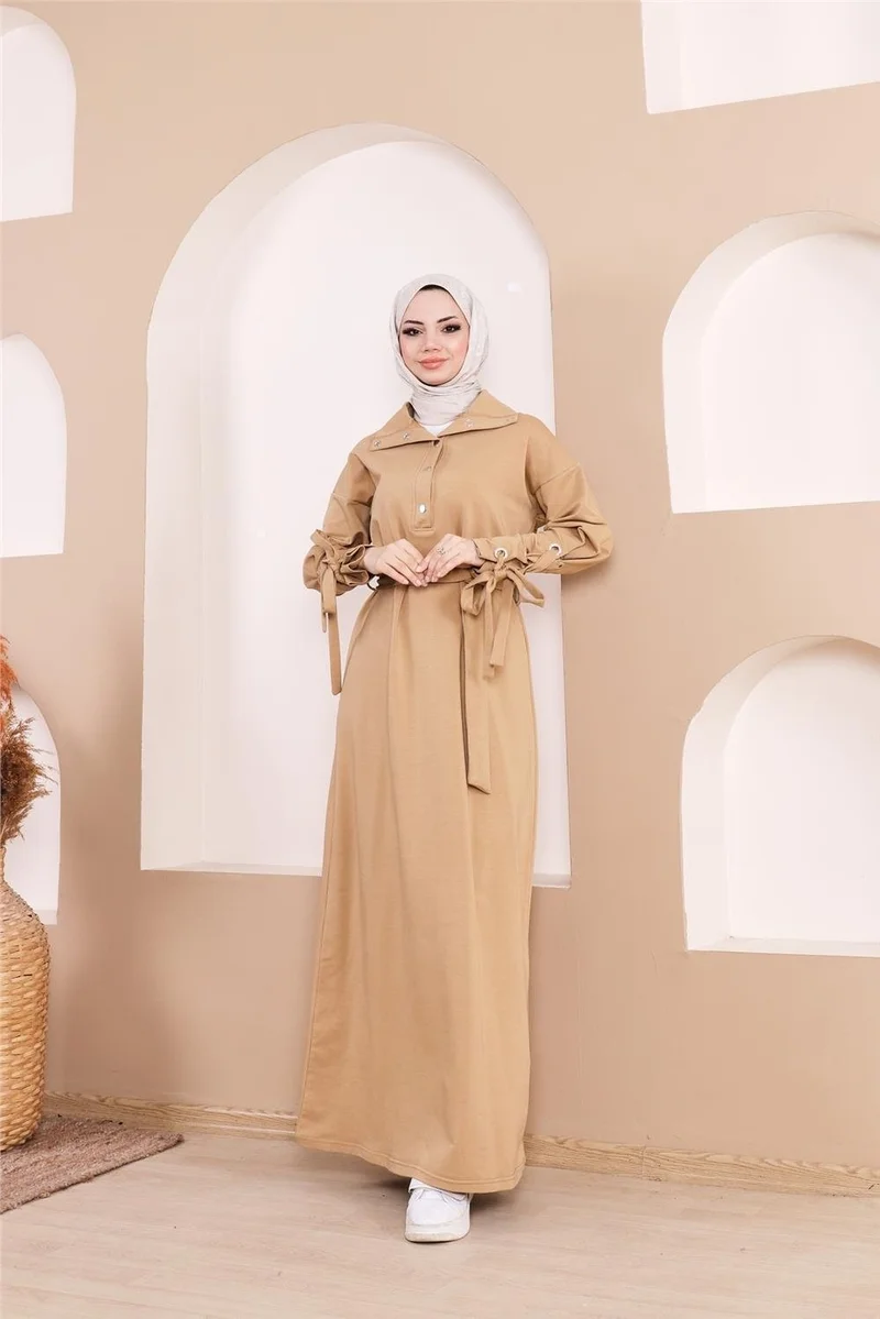 بي ويست Waist-Tie Snap-Sleeve Stripe Detailed Long Dress - 71183.107 - Straw Yellow