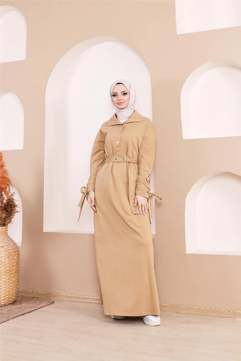 بي ويست فستان طويل مخطط بربطة خصر وأكمام بأزرار - 71183.107 - أصفر قشي