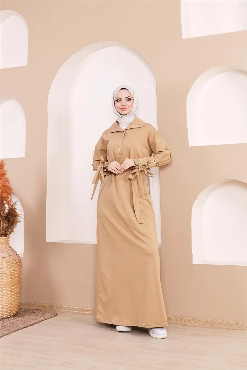 بي ويست فستان طويل مخطط بربطة خصر وأكمام بأزرار - 71183.107 - أصفر قشي