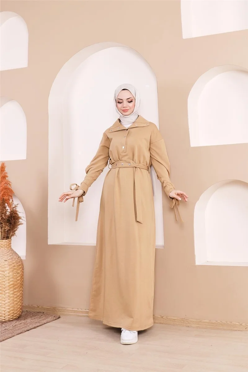 بي ويست فستان طويل مخطط بربطة خصر وأكمام بأزرار - 71183.107 - أصفر قشي