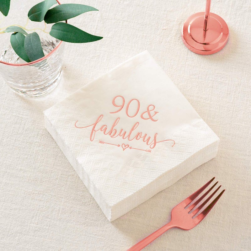Crisky 90 and Fabulous Cocktail Napkins Rose Gold for Women 90th Birthday Decorations, 90th Birthday Bevergae Dessert Cake Table Supplies, 50Pcs, 3-Ply - Image 3
