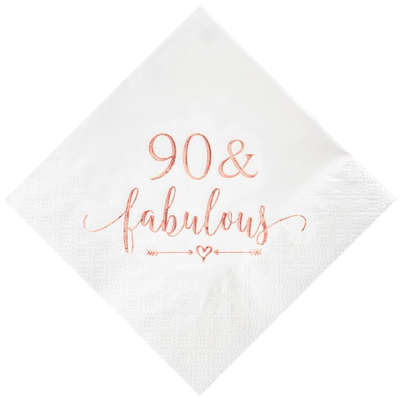 Crisky 90 and Fabulous Cocktail Napkins Rose Gold for Women 90th Birthday Decorations, 90th Birthday Bevergae Dessert Cake Table Supplies, 50Pcs, 3-Ply - Image 1