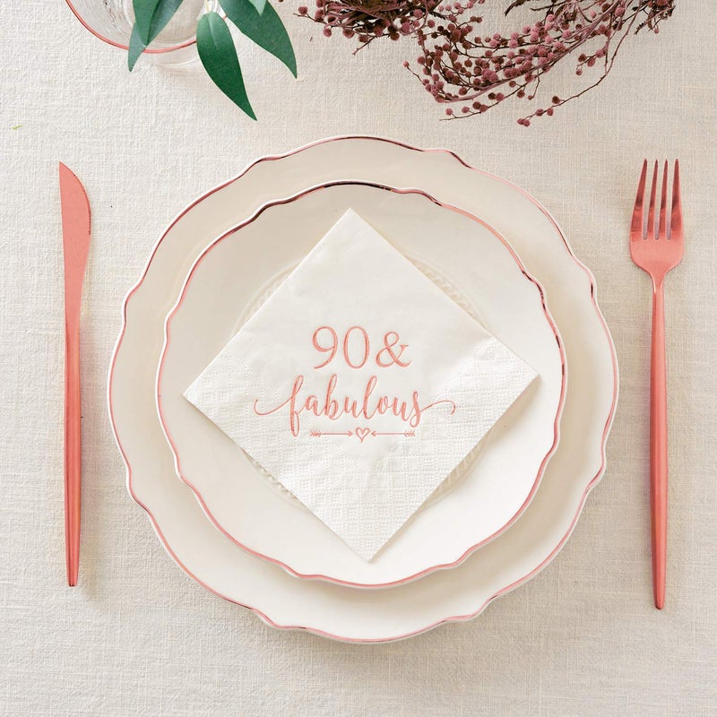 Crisky 90 and Fabulous Cocktail Napkins Rose Gold for Women 90th Birthday Decorations, 90th Birthday Bevergae Dessert Cake Table Supplies, 50Pcs, 3-Ply - Image 2