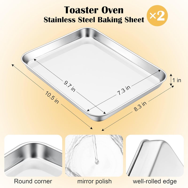 E-far Small Baking Sheet Set of 2, 10.5”x8.3” Stainless Steel Cookie Sheets Pans, Compact Non-toxic Metal Toaster Oven Trays for Cake, Healthy & Rust Free, Mirror Finish & Dishwasher Safe - Image 2