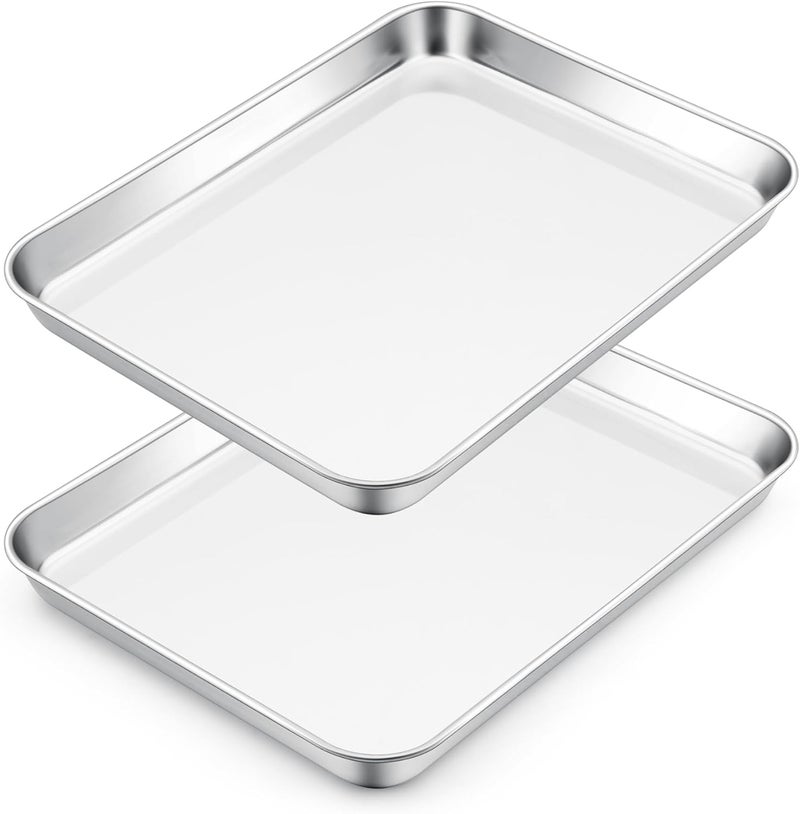 E-far Small Baking Sheet Set of 2, 10.5”x8.3” Stainless Steel Cookie Sheets Pans, Compact Non-toxic Metal Toaster Oven Trays for Cake, Healthy & Rust Free, Mirror Finish & Dishwasher Safe - Image 1