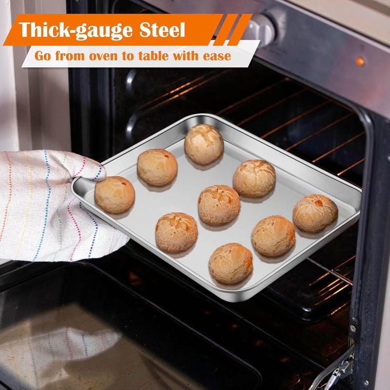 E-far Small Baking Sheet Set of 2, 10.5”x8.3” Stainless Steel Cookie Sheets Pans, Compact Non-toxic Metal Toaster Oven Trays for Cake, Healthy & Rust Free, Mirror Finish & Dishwasher Safe - Image 4