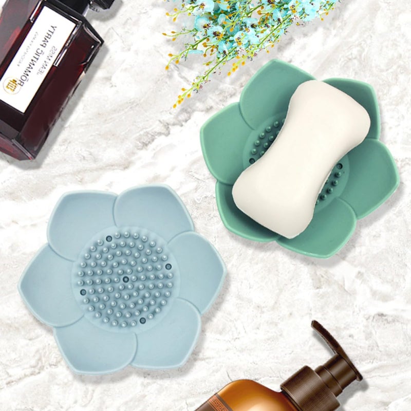 Green Silicone Soap Dish Holder Flower Petal Shape For Sink Shower Bathroom - Image 4