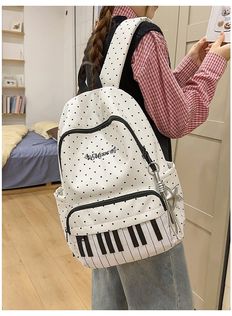 Minimalist Piano Key Polka Dot Backpack for Girls, Large Capacity Nylon School Bag, Lightweight & Waterproof Daypack - Image 3
