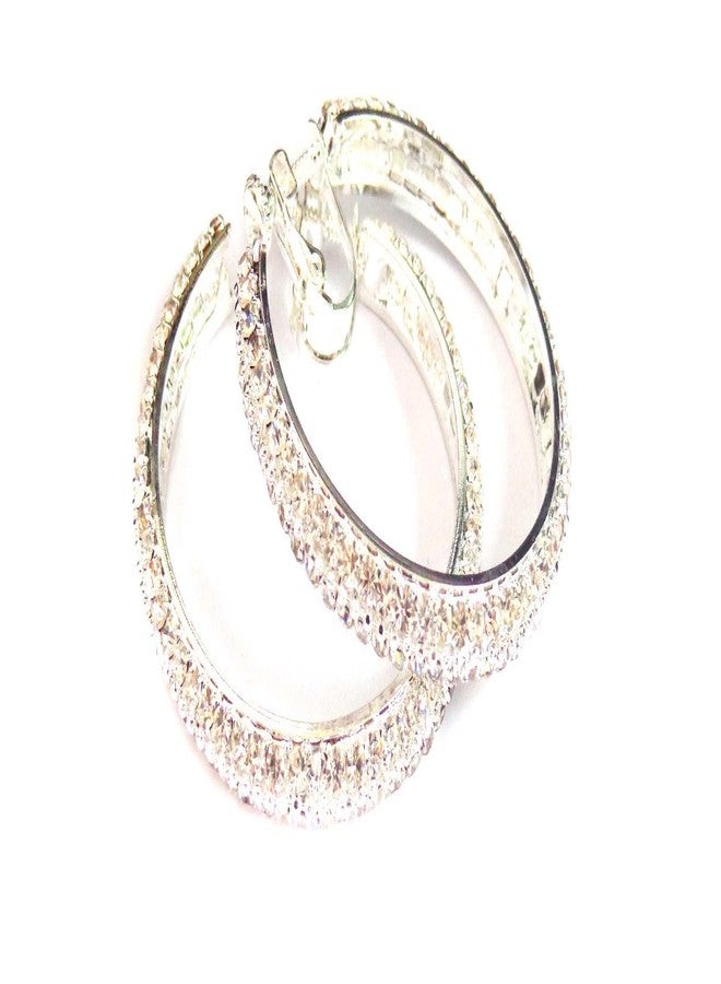 CRISTAL Clip-on Earrings Silver Rhinestone Hoop Earrings Crystal Paved Hoop Earrings Non Pierced Ears 2 inch - Image 1