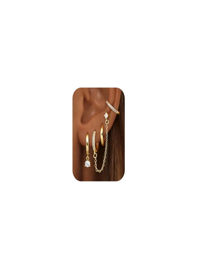 Florideco 4 Pairs Small Hoop Earrings for Women Trendy 14K Gold Plated Chain Drop Earrings Set Hypoallergenic CZ Huggie Hoops Lightweight Cartilage Earring Stacks Women's Jewelry Gifts, Stainless - Image 1