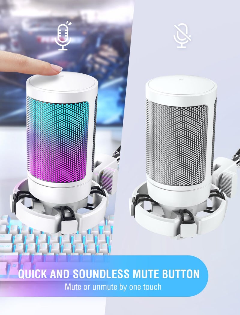 FIFINE AmpliGame A6V USB Microphone, PC Gaming Recording Desktop Laptop Mic, RGB Streaming Podcasting Condenser Mic for Online Game, Vocal, with Mute Button, Gain Knob, Tripod Stand- White - Image 2