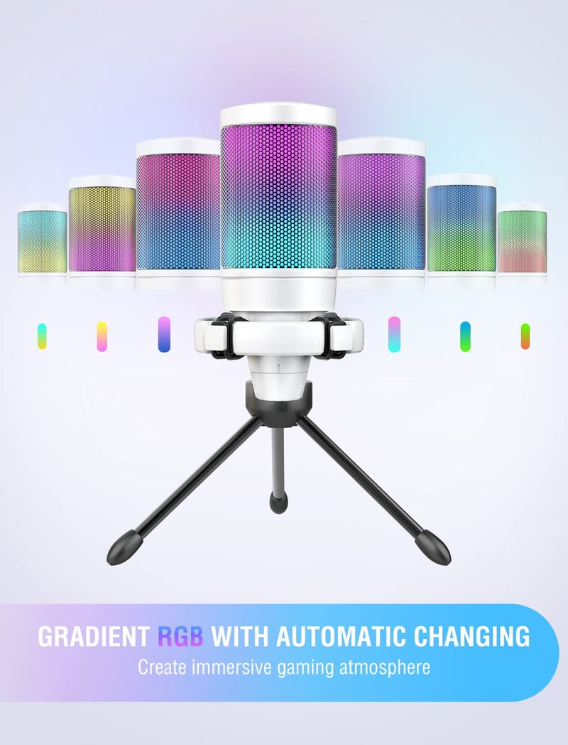 FIFINE AmpliGame A6V USB Microphone, PC Gaming Recording Desktop Laptop Mic, RGB Streaming Podcasting Condenser Mic for Online Game, Vocal, with Mute Button, Gain Knob, Tripod Stand- White - Image 4
