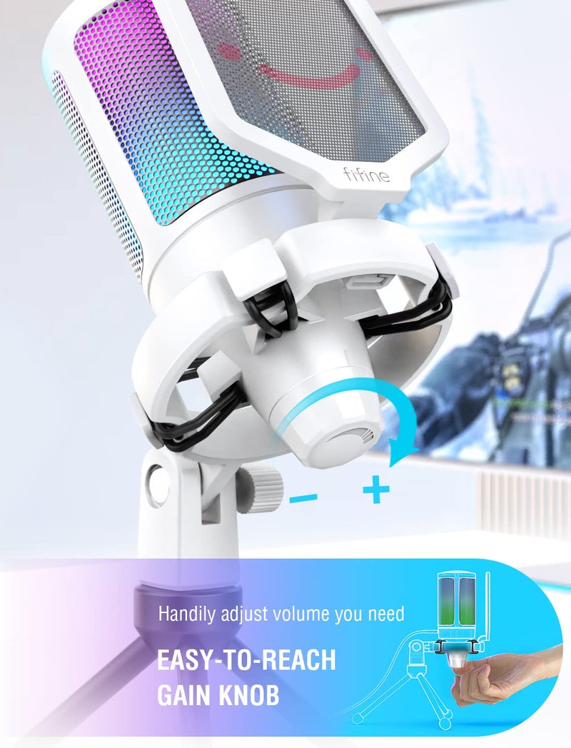 FIFINE AmpliGame A6V USB Microphone, PC Gaming Recording Desktop Laptop Mic, RGB Streaming Podcasting Condenser Mic for Online Game, Vocal, with Mute Button, Gain Knob, Tripod Stand- White - Image 3