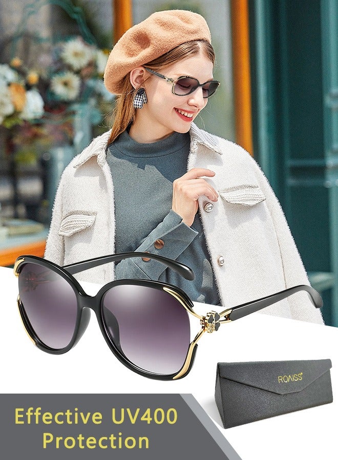 رويس نظارة شمسية نسائية كبيرة الحجم على شكل الفراشة، نظارة الشمس الواقية من الأشعة فوق البنفسجية 400 بإطار معدني مزين بنمط الزهرة مع حافظة النظارة، 66 مم - Image 1