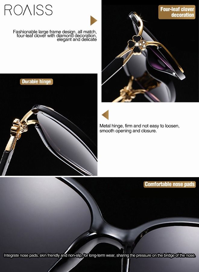 رويس نظارة شمسية نسائية كبيرة الحجم على شكل الفراشة، نظارة الشمس الواقية من الأشعة فوق البنفسجية 400 بإطار معدني مزين بنمط الزهرة مع حافظة النظارة، 66 مم - Image 3