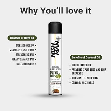 NISHMAN Sheen Hair Spray Olive Oil Coconut Oil 400ml Nourishes Repairs Protects Hair Shiny Finish Hydration Care for All Hair Types - Image 2