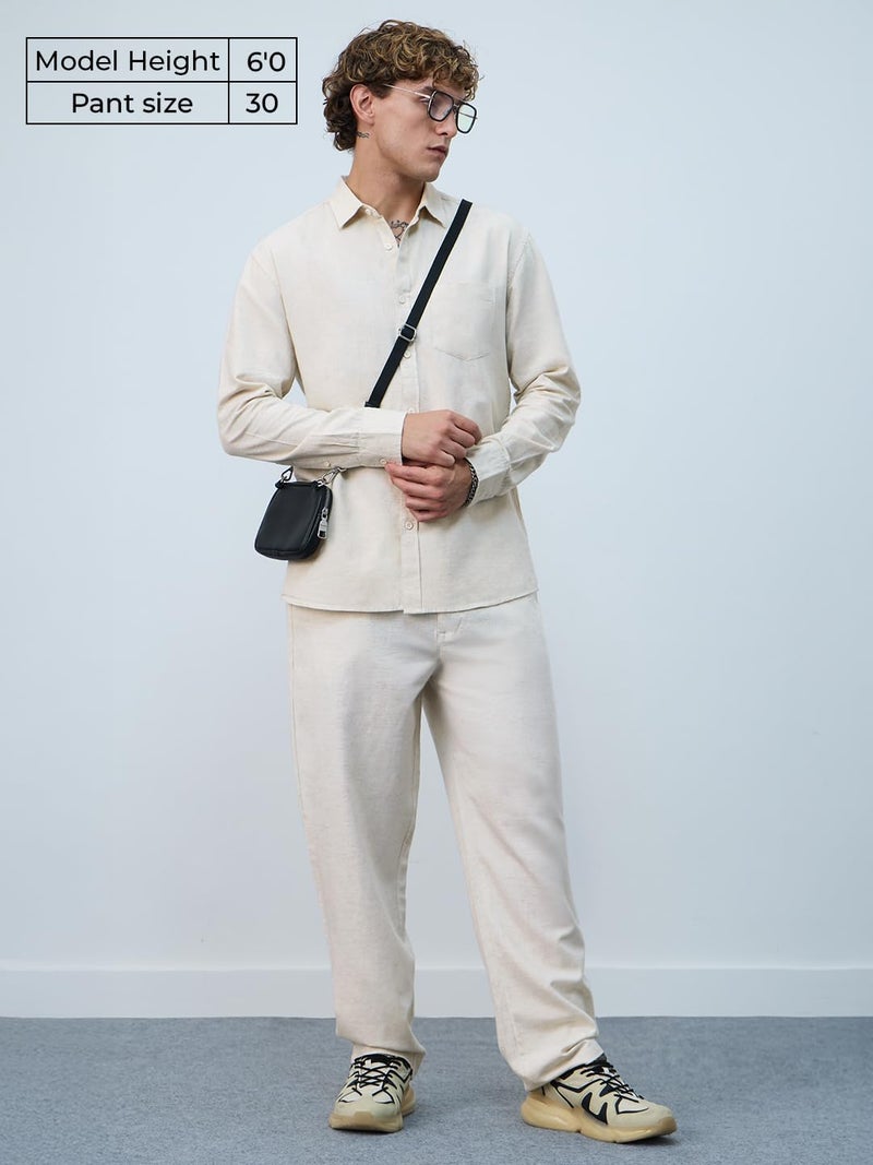 The Souled Store Cotton Linen Pants: Ecru Men and Boys Drawstringed Solid Straight Fit Cotton Linen Pants - Image 2
