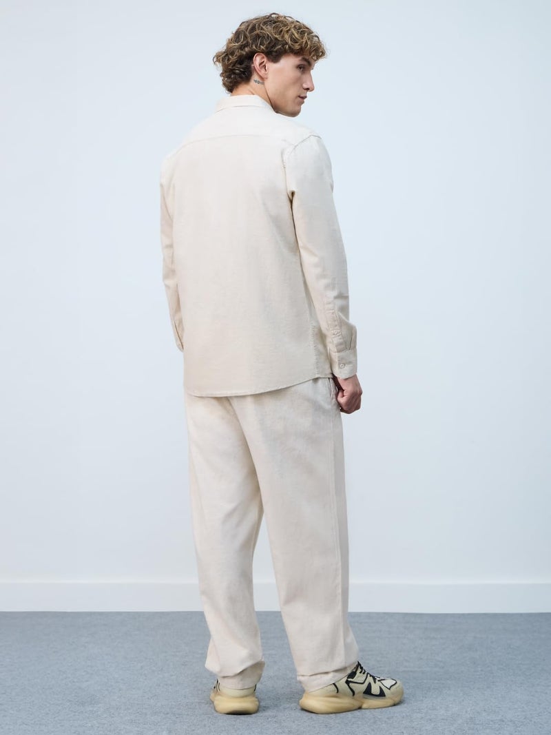 The Souled Store Cotton Linen Pants: Ecru Men and Boys Drawstringed Solid Straight Fit Cotton Linen Pants - Image 3
