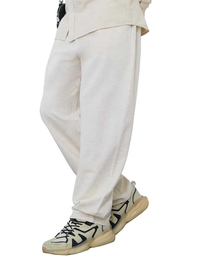 The Souled Store Cotton Linen Pants: Ecru Men and Boys Drawstringed Solid Straight Fit Cotton Linen Pants - Image 1