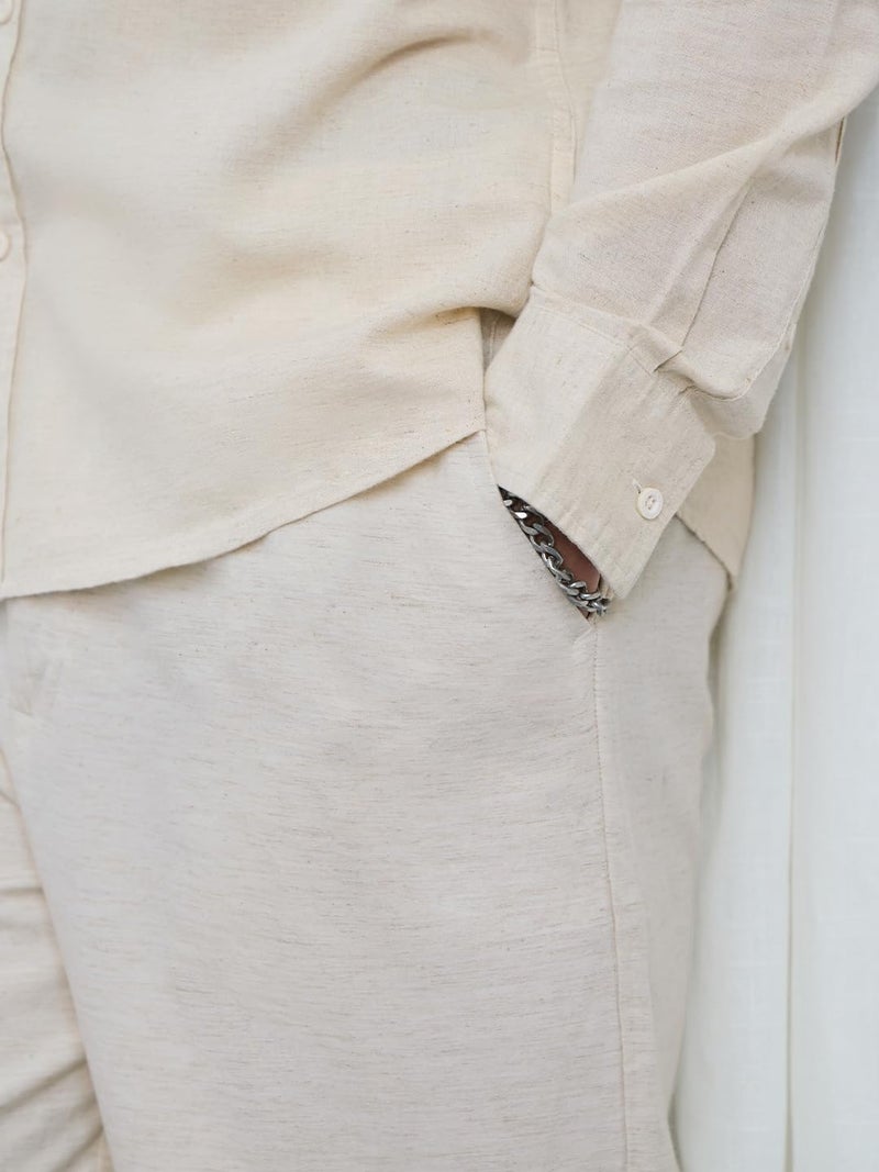 The Souled Store Cotton Linen Pants: Ecru Men and Boys Drawstringed Solid Straight Fit Cotton Linen Pants - Image 4