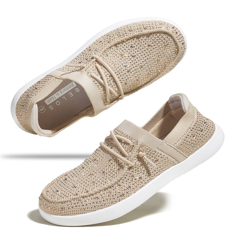 BELOS Women's Rhinestone Lace Up Loafers Shoes Comfortable Slip On Mesh Knit Walking Shoes Fashion Lightweight Sparkly Glitter Sneaker(Beige,9 - Image 1