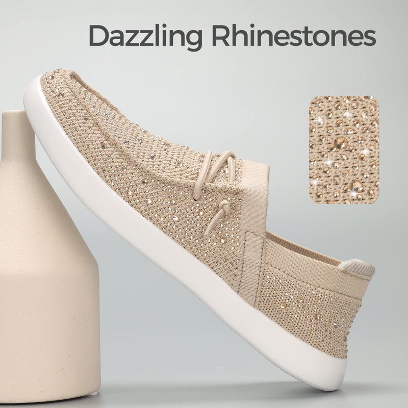 BELOS Women's Rhinestone Lace Up Loafers Shoes Comfortable Slip On Mesh Knit Walking Shoes Fashion Lightweight Sparkly Glitter Sneaker(Beige,9 - Image 3