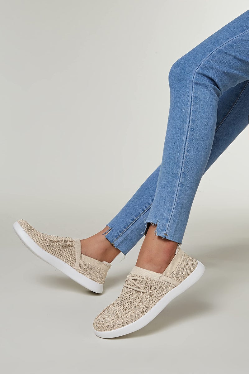 BELOS Women's Rhinestone Lace Up Loafers Shoes Comfortable Slip On Mesh Knit Walking Shoes Fashion Lightweight Sparkly Glitter Sneaker(Beige,9 - Image 2