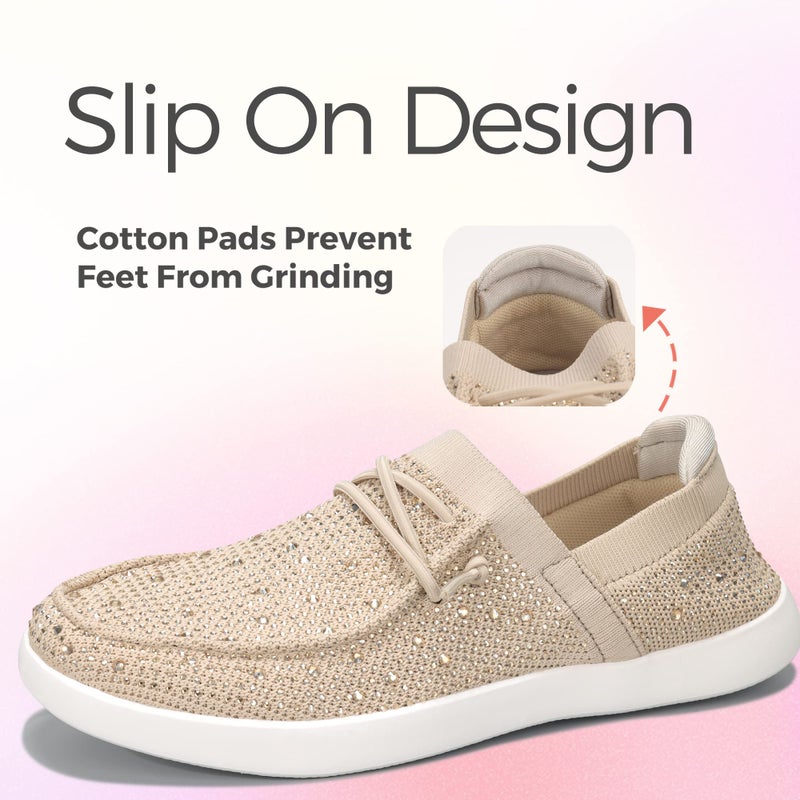 BELOS Women's Rhinestone Lace Up Loafers Shoes Comfortable Slip On Mesh Knit Walking Shoes Fashion Lightweight Sparkly Glitter Sneaker(Beige,9 - Image 5