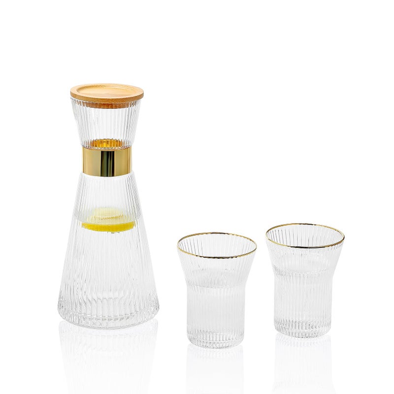 EVEREST GLOBAL 34 oz Bedside Water Carafe Set Vintage Glass with 2 Cups Ribbed Glass Carafe with Lid
