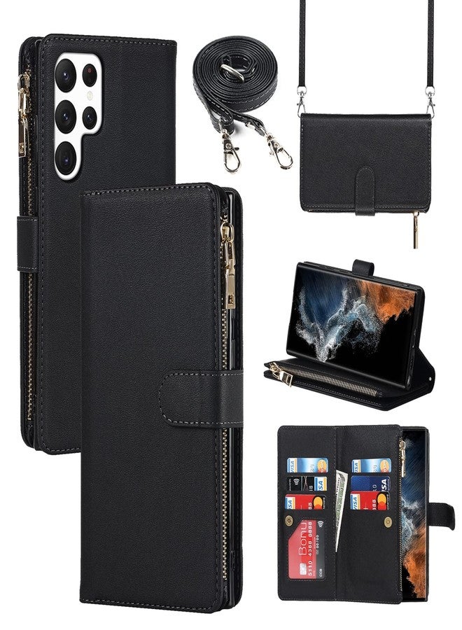 Jaorty for Samsung Galaxy S22 Ultra 5G Wallet Case for Women with Card Holder,Galaxy S22 Ultra Crossbody Phone Cases with Shouler Strap,Zipper Pocket PU Leather Kickstand Purse,6.8" Black - Image 1