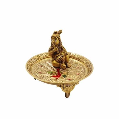 Putrika Traditional Brass Mukali | Stool | peeta | Mukkali Trumpet |puja plate mandir| chowki pooja for God Idols(9cm*2.5cm) weight : –GJ colour Peacock (Size 4) - Image 3
