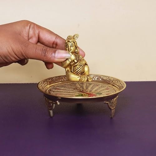 Putrika Traditional Brass Mukali | Stool | peeta | Mukkali Trumpet |puja plate mandir| chowki pooja for God Idols(9cm*2.5cm) weight : –GJ colour Peacock (Size 4) - Image 4