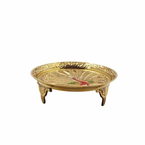 Putrika Traditional Brass Mukali | Stool | peeta | Mukkali Trumpet |puja plate mandir| chowki pooja for God Idols(9cm*2.5cm) weight : –GJ colour Peacock (Size 4) - Image 1