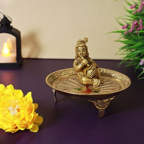 Putrika Traditional Brass Mukali | Stool | peeta | Mukkali Trumpet |puja plate mandir| chowki pooja for God Idols(9cm*2.5cm) weight : –GJ colour Peacock (Size 4) - Image 2
