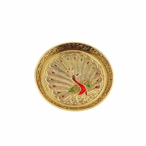 Putrika Traditional Brass Mukali | Stool | peeta | Mukkali Trumpet |puja plate mandir| chowki pooja for God Idols(9cm*2.5cm) weight : –GJ colour Peacock (Size 4) - Image 5