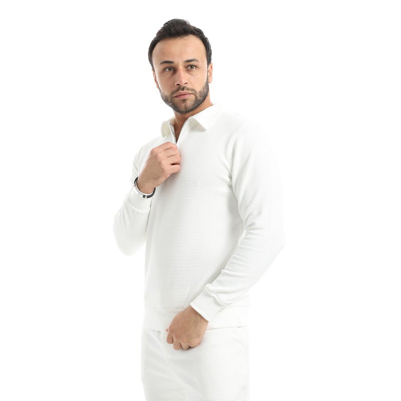 Andora White Long Sleeves Half Zipper Closure Self patterned Sweatshirt-White - Image 2