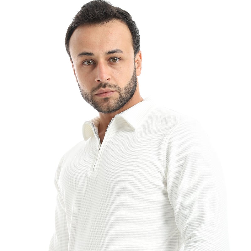 Andora White Long Sleeves Half Zipper Closure Self patterned Sweatshirt-White - Image 4