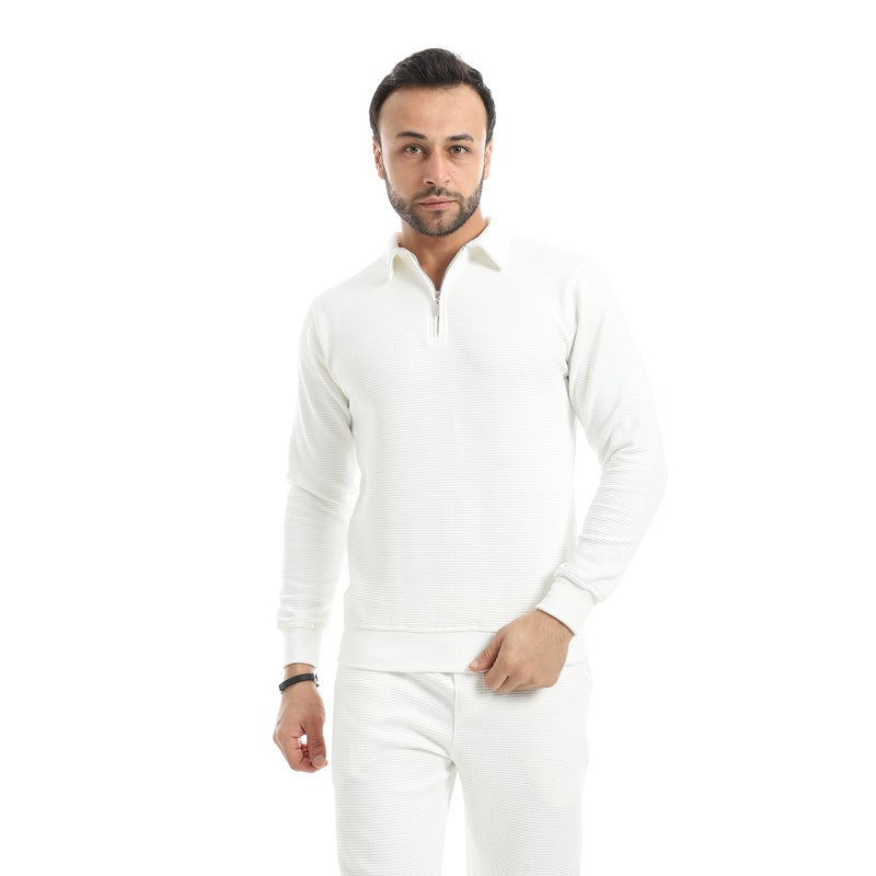 Andora White Long Sleeves Half Zipper Closure Self patterned Sweatshirt-White - Image 1