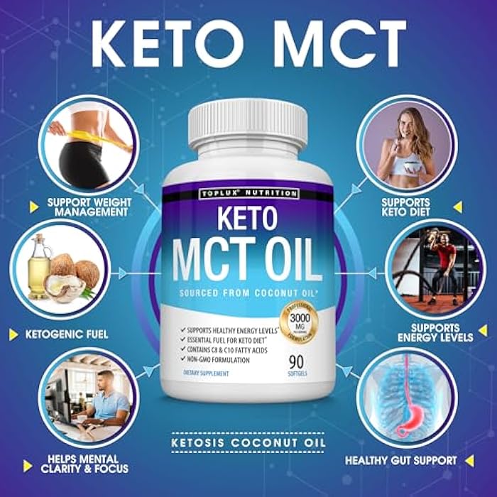 Toplux Keto MCT Oil Capsules - 3000mg Natural Pure Coconut Oil Extract Pills, Source of Energy, Easy to Digest for Men Women, 90 Softgels, Supplement - Image 2