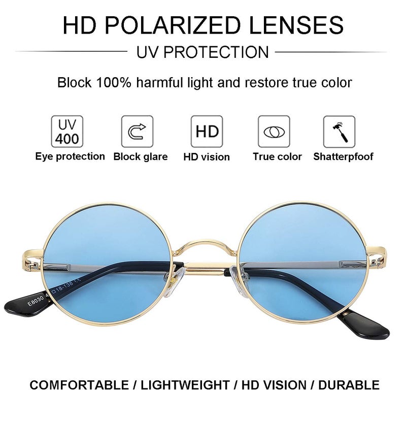 Gleyemor Polarized Round Sunglasses for Men Women Hippie Small Circle Glasses Red Yellow Lenses (Gold/Clear Blue) - Image 4