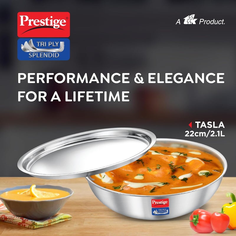 PRESTIGE Prestige 22cm/2.1L Tri-Ply Stainless Steel Splendid Tasla with Lid|Gas and Induction Compatible|Even Heat Distribution| Thick Gauge Tri-Ply Body|15 Year Warranty - Image 2