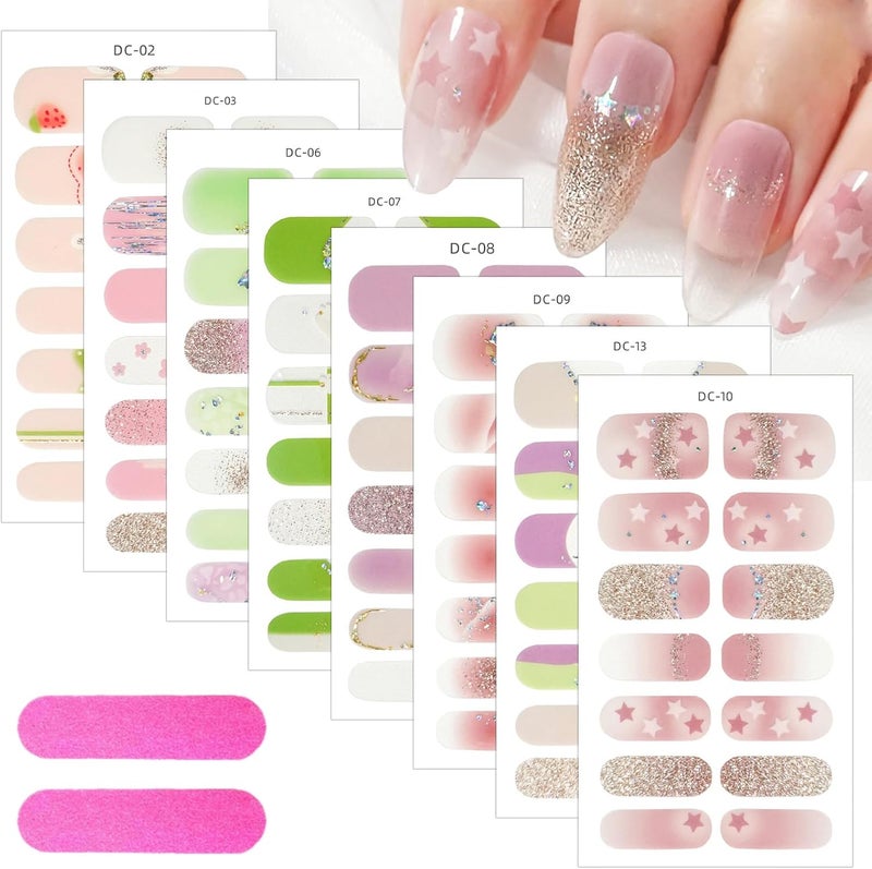 Generic 8 Sheets Flower Nail Wraps Stickers Decals Self-Adhesive Spring Nail Decals Glitter Star Gel Nail Stickers Design Flowers Star Glitter Nail Stickers Full Nail Wraps for Women Girls DIY Nail Decoration 